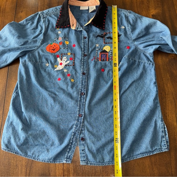 Vintage White Stag Shirt Womens 16W Blue Denim Halloween Embroidered Button Plus - Picture 10 of 11